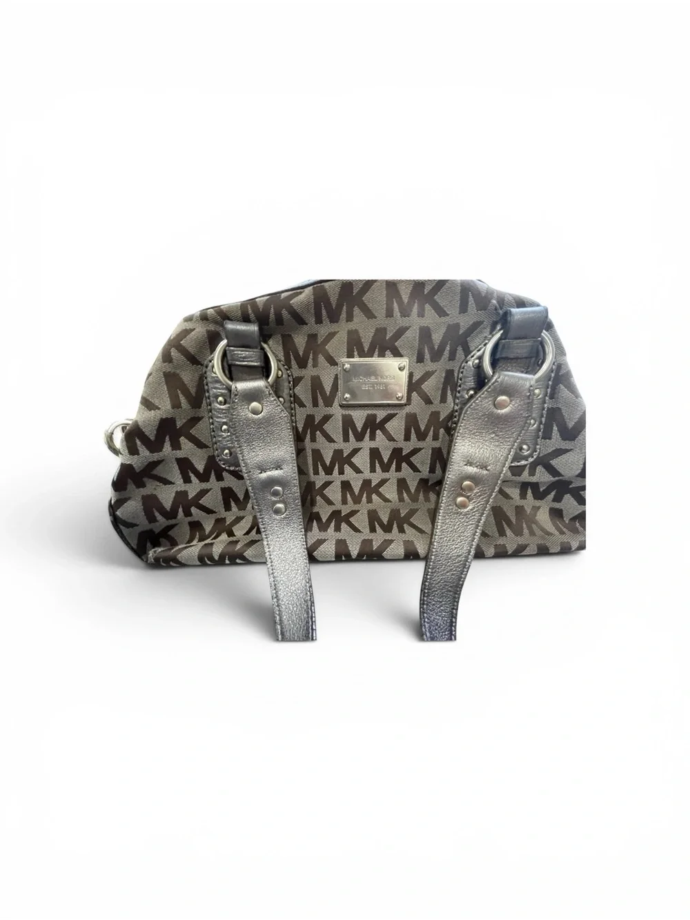 Michael Kors Y2K Logo Satchel Bag Brown MK Monogram Metallic Leather Trim